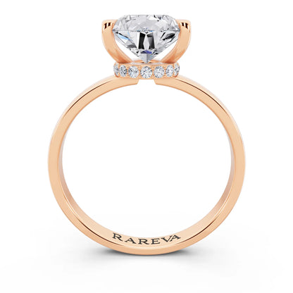 18 KT Rose Gold Pear Cut Diamond Solitaire Ring with Pave Collar - through finger