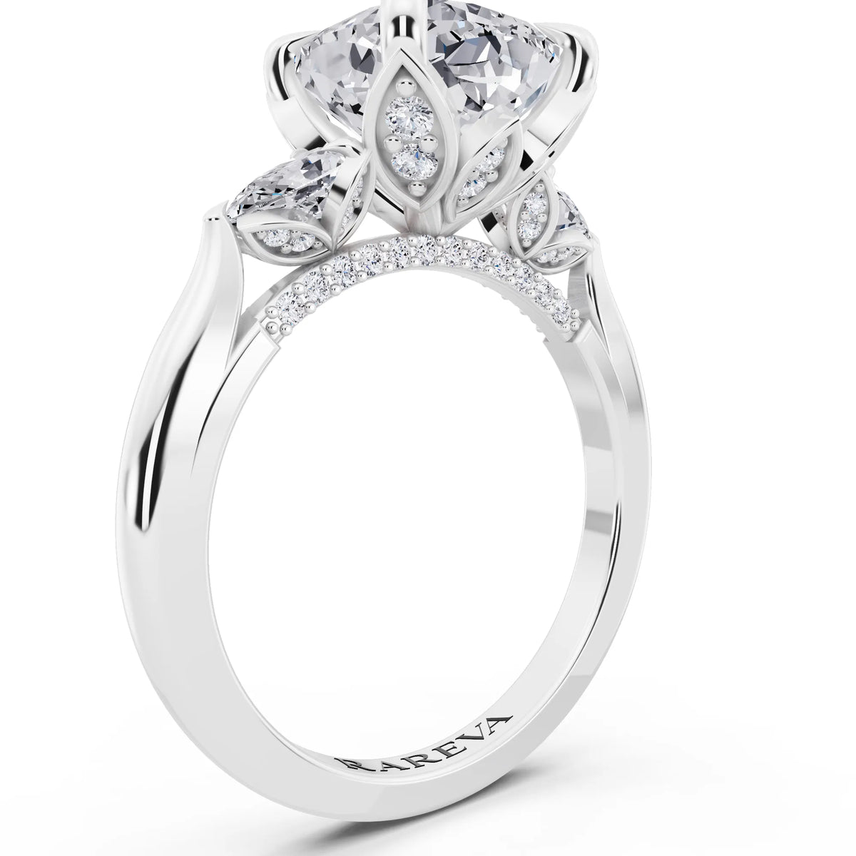 Platinum Cushion Cut Diamond Cluster Engagement Ring with Pear Accents and Pavé Band - top view