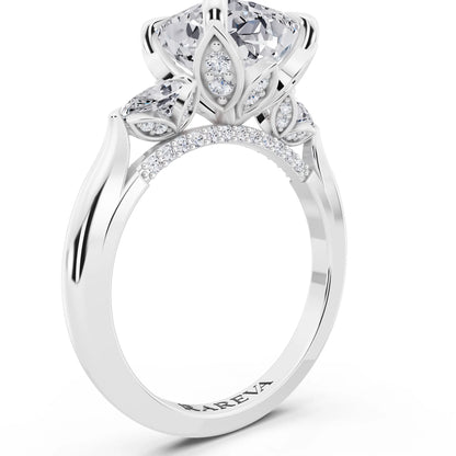 Platinum Cushion Cut Diamond Cluster Engagement Ring with Pear Accents and Pavé Band - top view