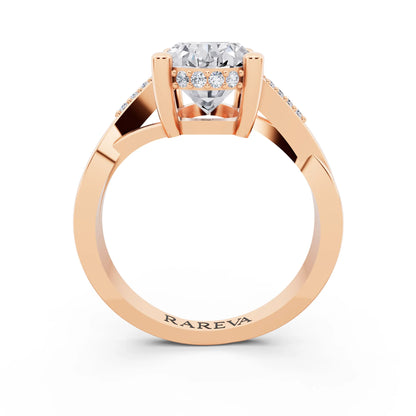 14 KT Rose Gold Oval Cut Diamond Split Shank Engagement Ring with Hidden Halo - through finger