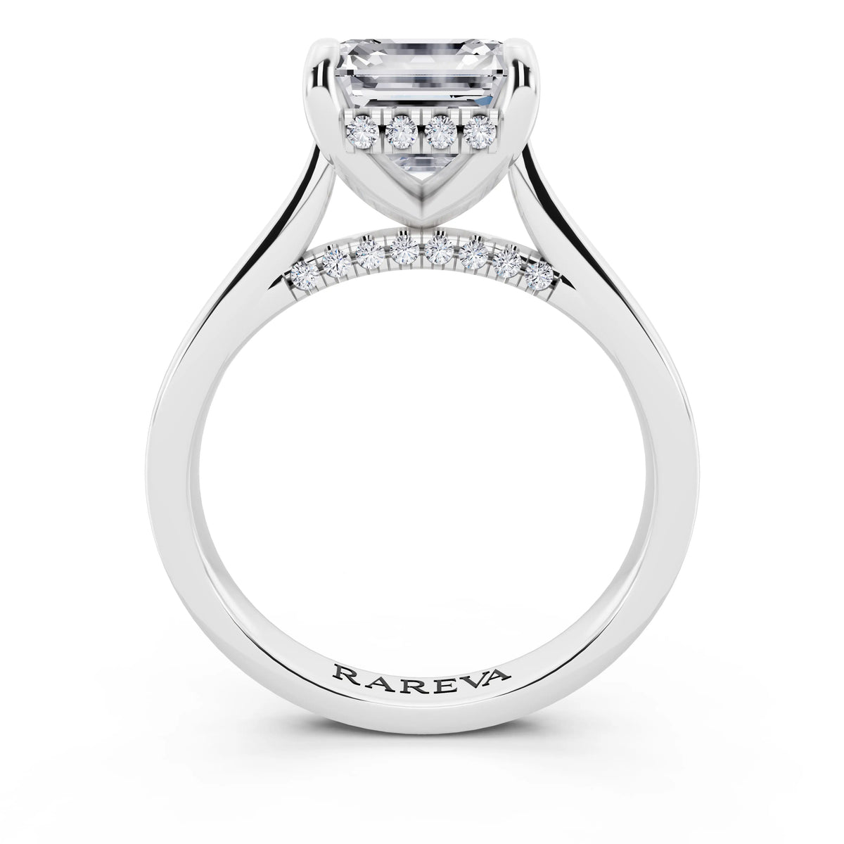 18 KT White Gold Asscher Cut Diamond Solitaire Ring with Cathedral Band - through finger