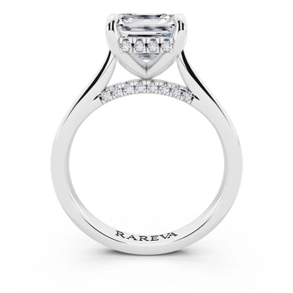 18 KT White Gold Asscher Cut Diamond Solitaire Ring with Cathedral Band - through finger