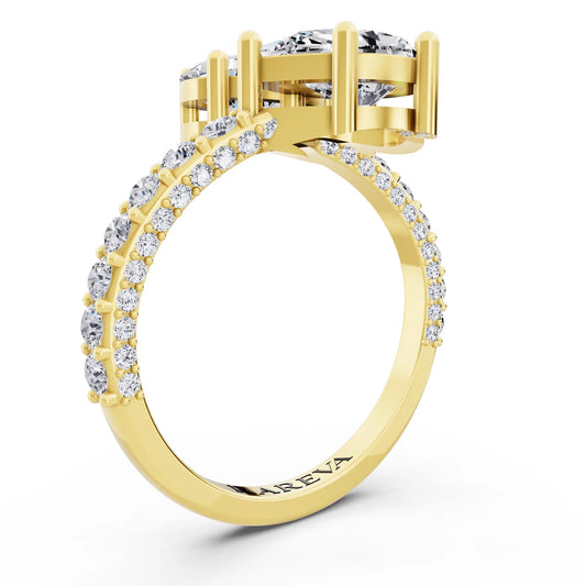 14 KT Yellow Gold Pear Cut Diamond Two Stone Ring with Pave Band - Top view