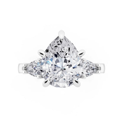 18 KT White Gold Pear Cut Diamond Three Stone Pear Accent Vintage Pave Ring - top angle