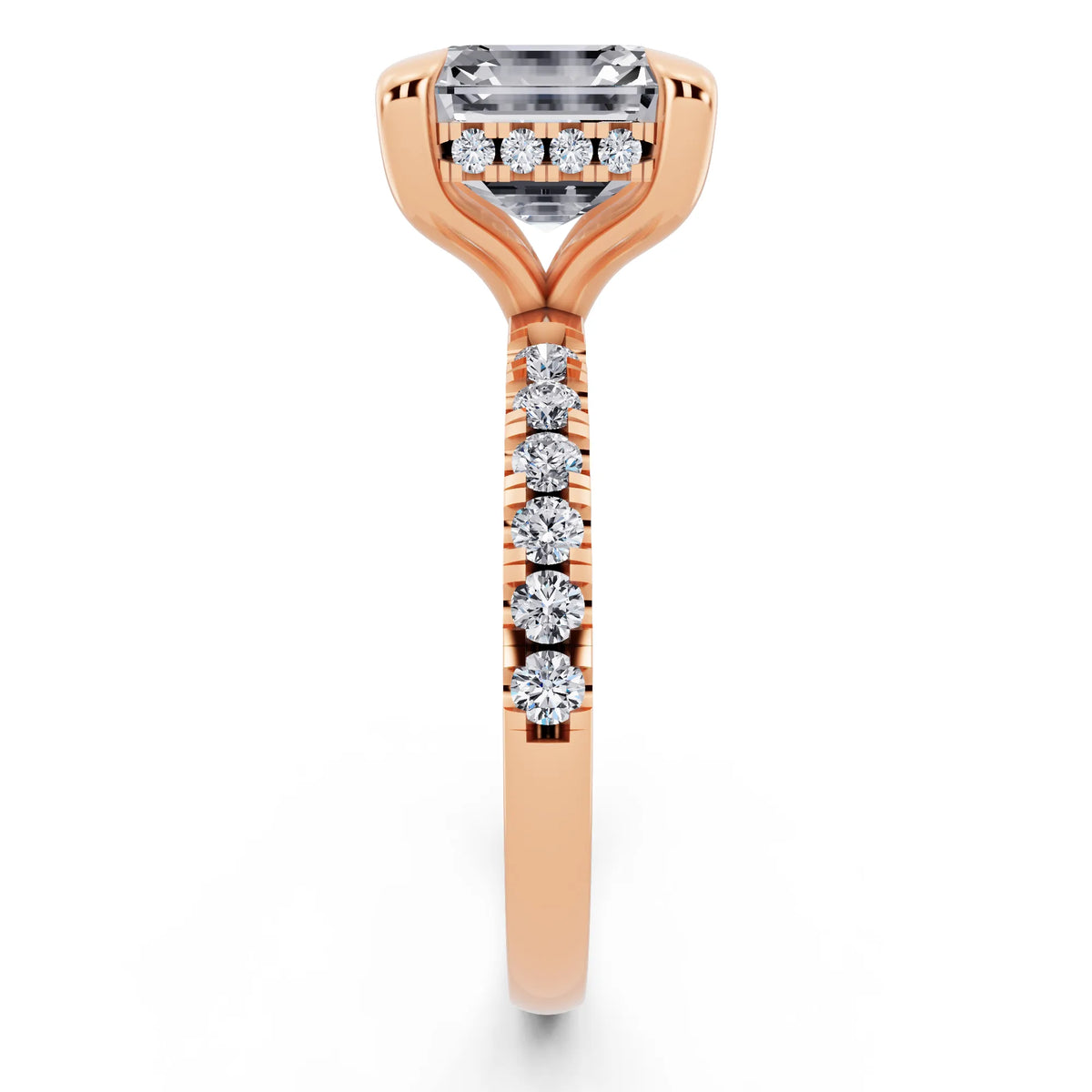 18 KT Rose Gold Asscher Cut Diamond Solitaire Ring with Round Pavé Band and Prong Setting - side view