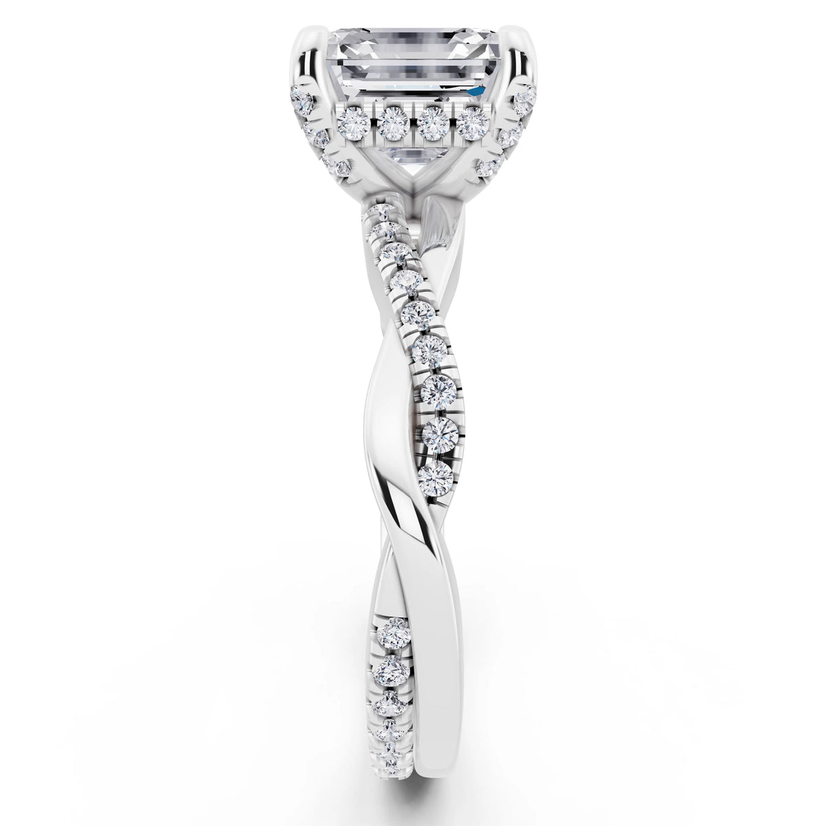 14 KT White Gold Asscher Cut Diamond Hidden Halo Ring with Twisted Pave Band - side view