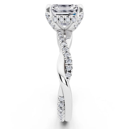14 KT White Gold Asscher Cut Diamond Hidden Halo Ring with Twisted Pave Band - side view