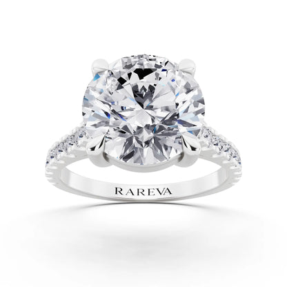 Platinum Round Cut Diamond Solitaire Ring with Pave Band - Front