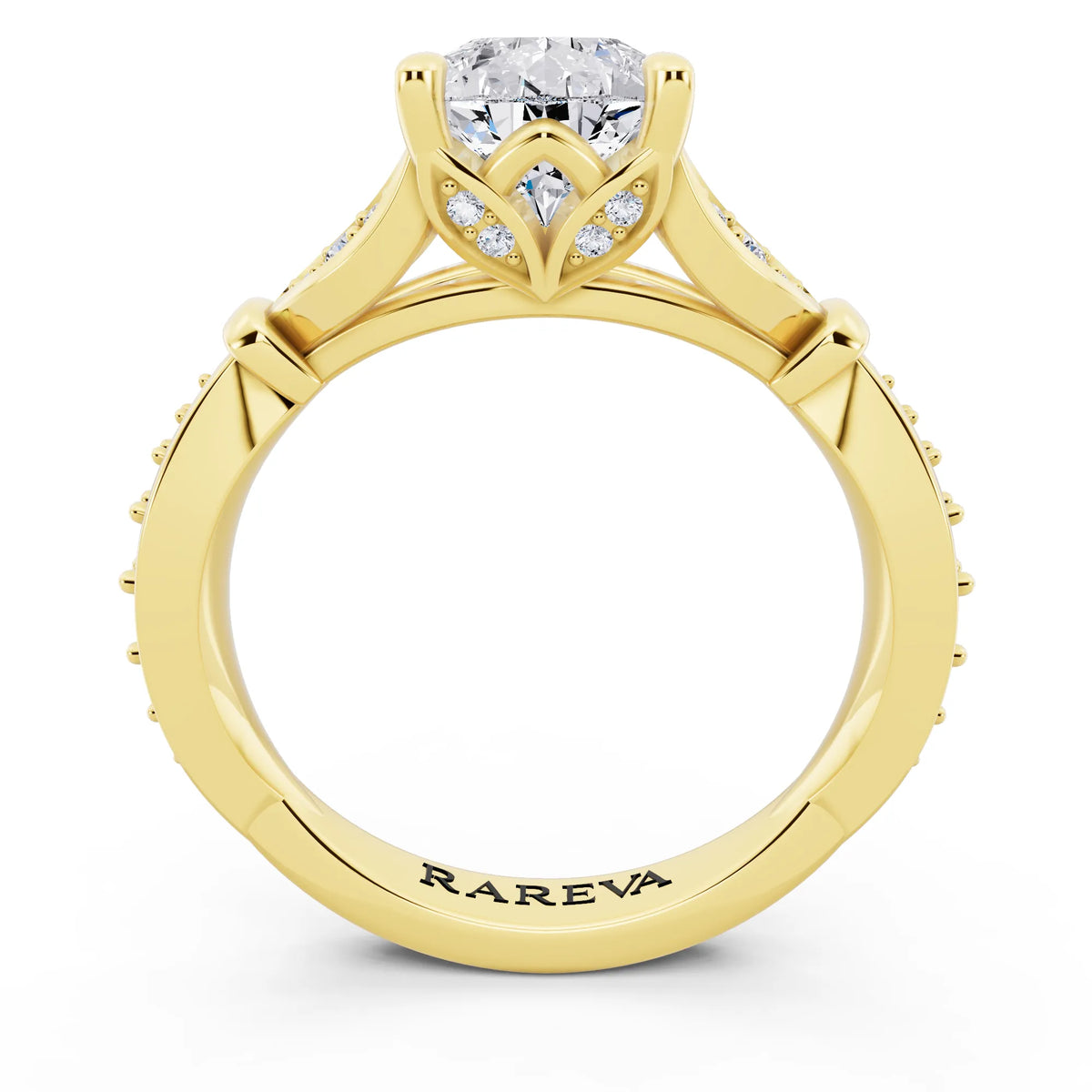 18 KT Yellow Gold Pear Cut Diamond Ring with Lotus Collar - through finger