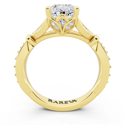 18 KT Yellow Gold Pear Cut Diamond Ring with Lotus Collar - through finger