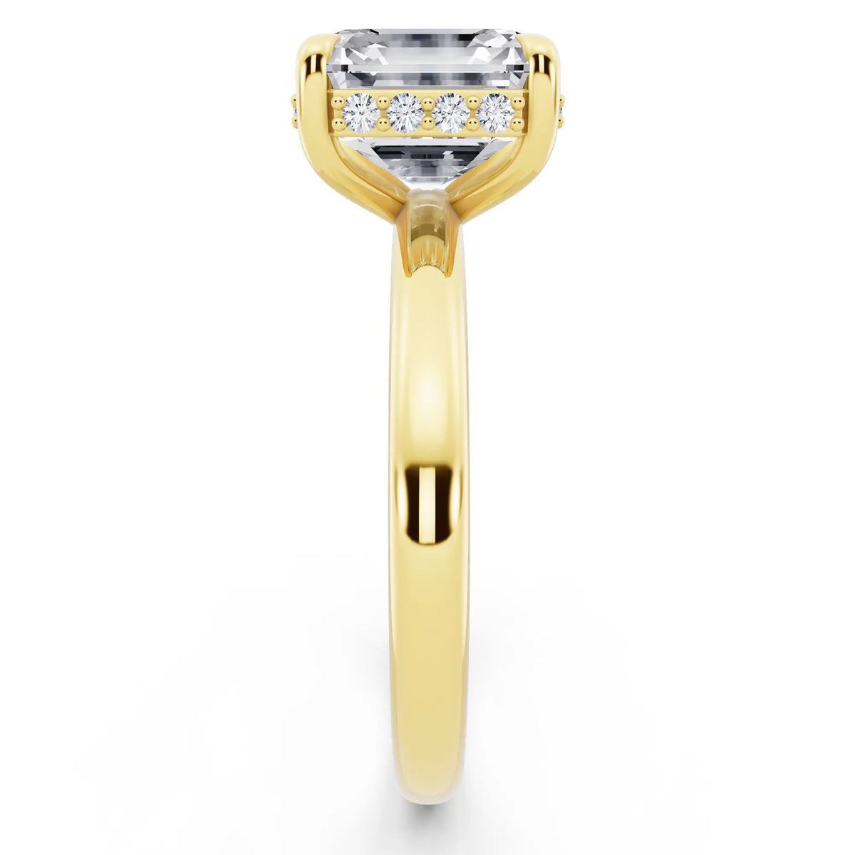 18 KT Yellow Gold Asscher Cut Diamond Hidden Halo Solitaire Ring - side view
