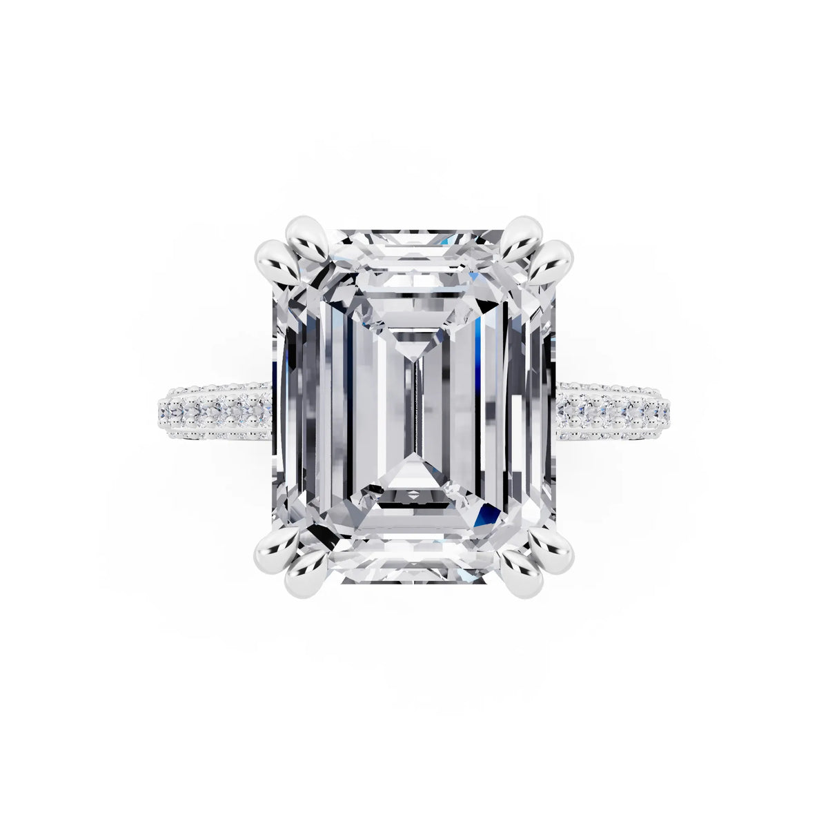 Platinum Emerald Cut Diamond Hidden Halo Double Claw Pave Band Ring - top angle