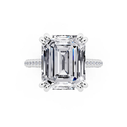 Platinum Emerald Cut Diamond Hidden Halo Double Claw Pave Band Ring - top angle