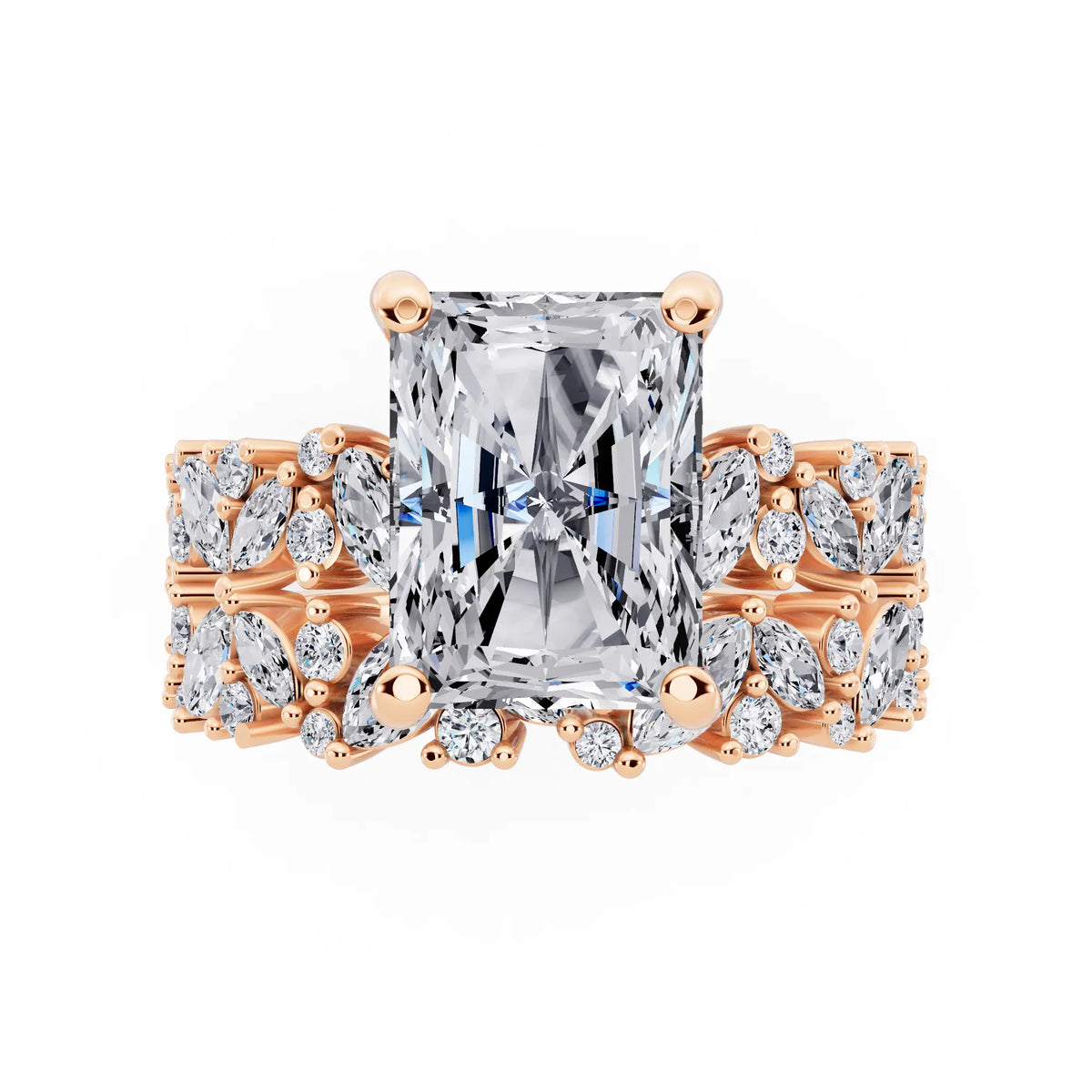 18 KT Rose Gold Radiant Cut Diamond Ring with Marquise Cluster Band - top angle