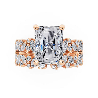 18 KT Rose Gold Radiant Cut Diamond Ring with Marquise Cluster Band - top angle