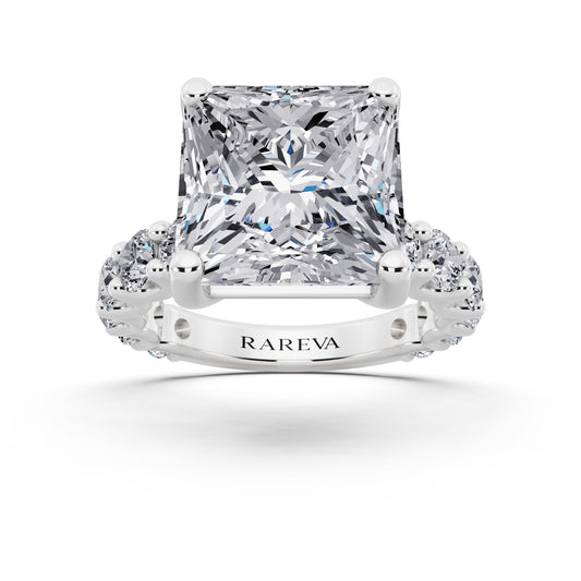 Platinum Princess Cut Diamond Ring with Shared Prong Eternity Band - front view