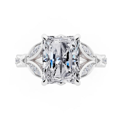 14 KT White Gold Radiant Cut Diamond Ring with Lotus Collar - top angle