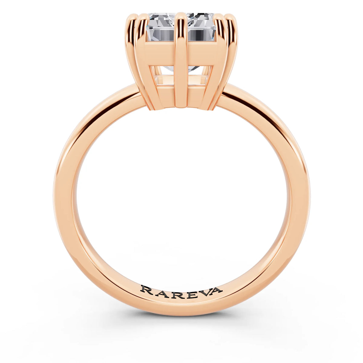 14 KT Rose Gold Emerald Cut Diamond Solitaire Ring with Hidden Accent Basket - through finger