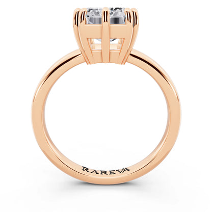 14 KT Rose Gold Emerald Cut Diamond Solitaire Ring with Hidden Accent Basket - through finger