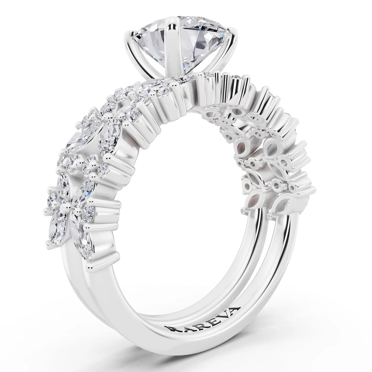 18 KT White Gold Oval Cut Diamond Ring with Marquise Cluster Band - top view