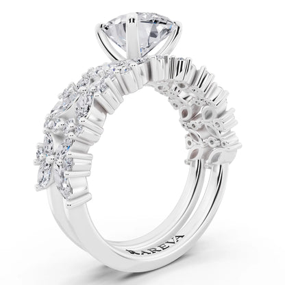 18 KT White Gold Oval Cut Diamond Ring with Marquise Cluster Band - top view