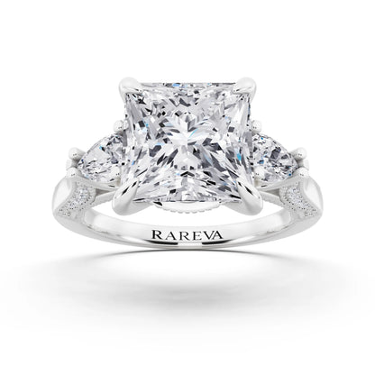 14 KT White Gold Princess Cut Diamond Three Stone Pear Accent Vintage Pave Ring - front view