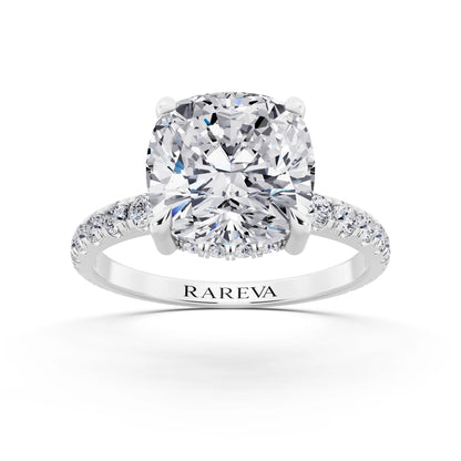 Platinum Cushion Cut Diamond Solitaire Ring with Hidden Halo and French Pave Band - front view