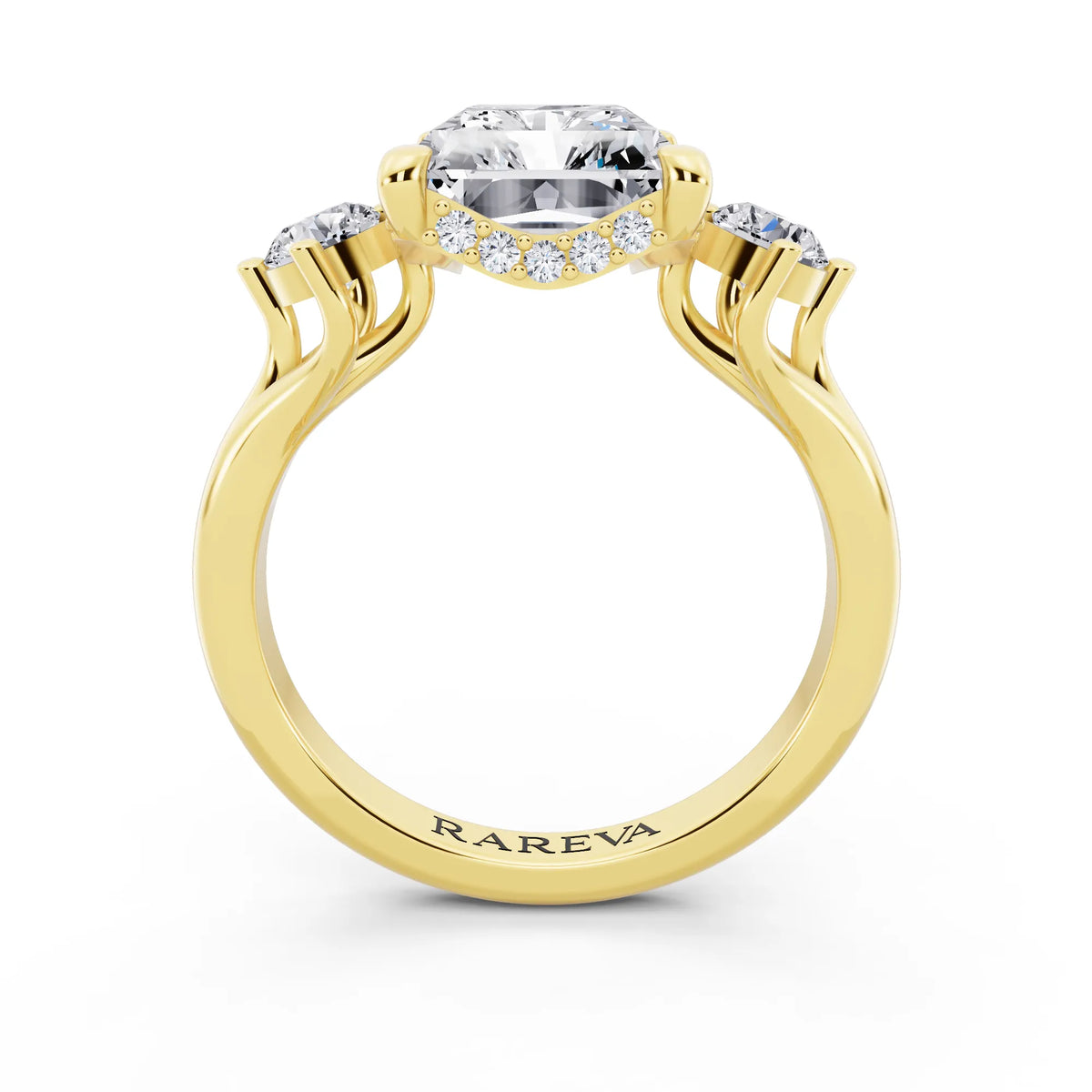 18 KT Yellow Gold Radiant Cut Diamond Three Stone Engagement Ring with Hidden Halo - through finger