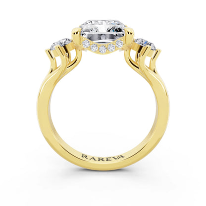 18 KT Yellow Gold Radiant Cut Diamond Three Stone Engagement Ring with Hidden Halo - through finger