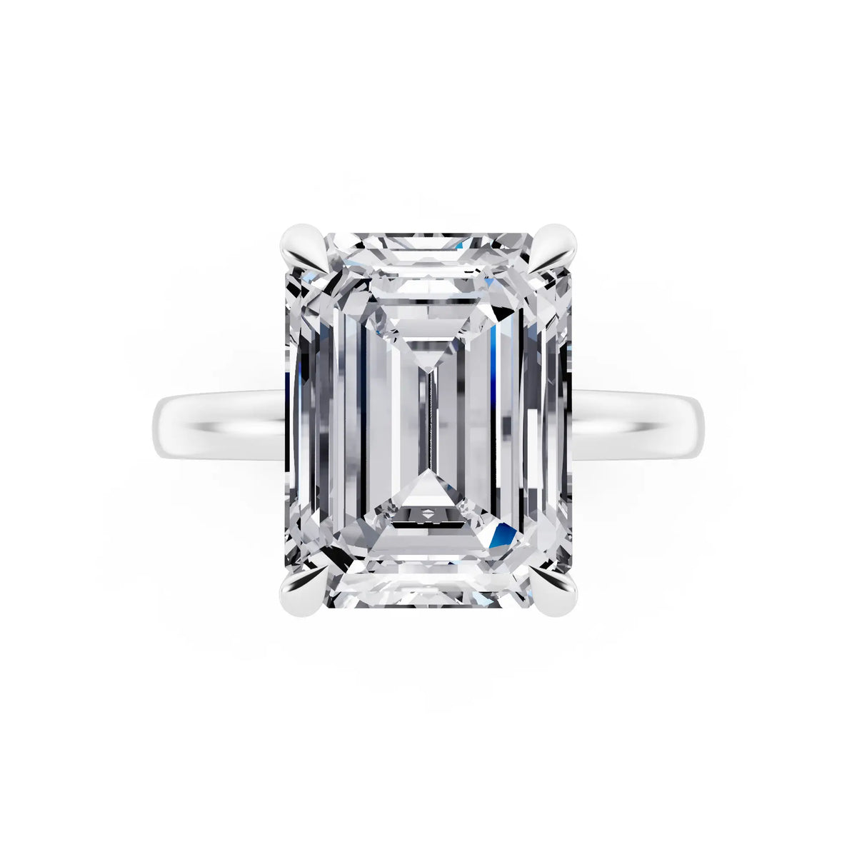 Platinum Emerald Cut Diamond Solitaire Ring with Pave Collar - top angle
