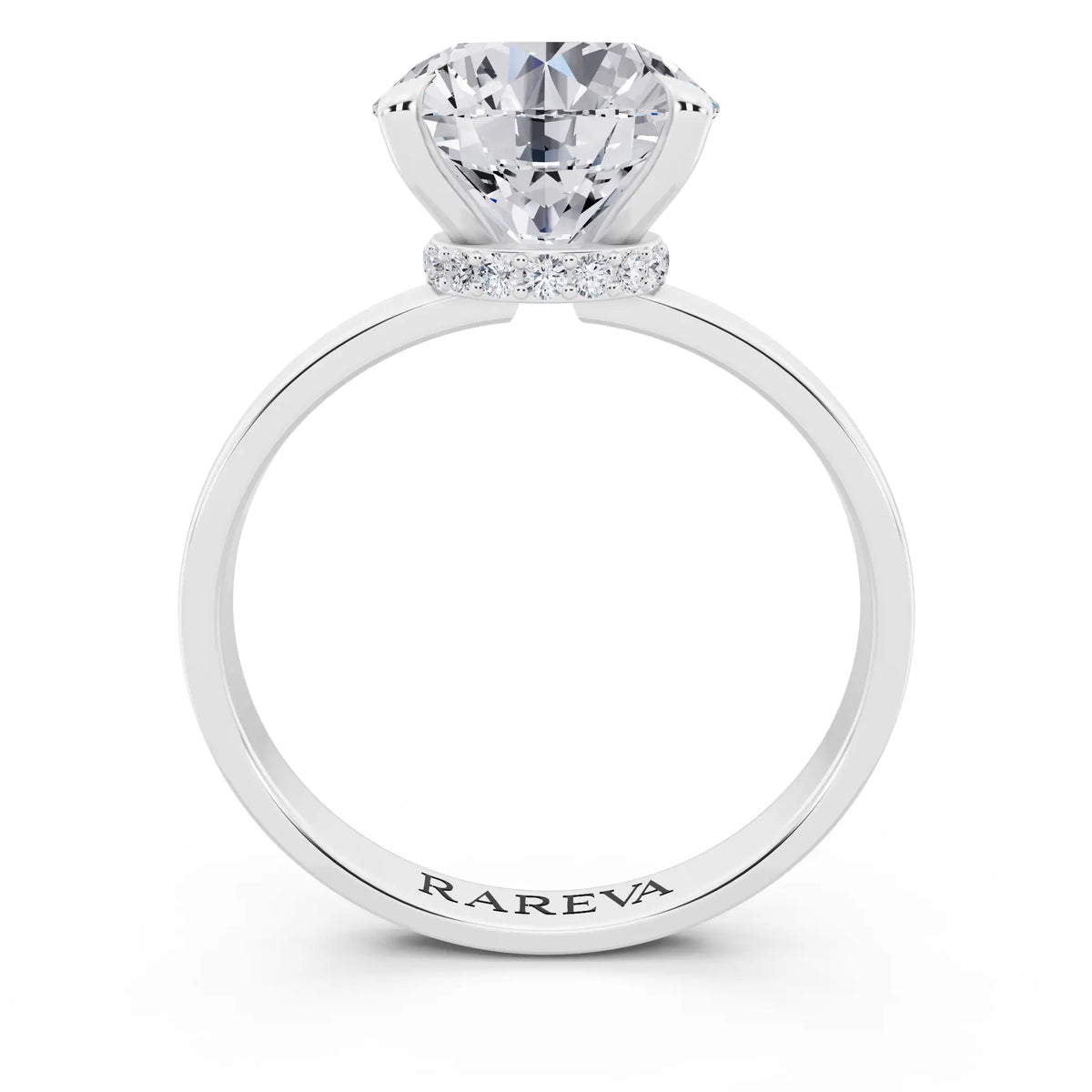 Platinum Round Cut Diamond Solitaire Ring with Pave Collar - through finger