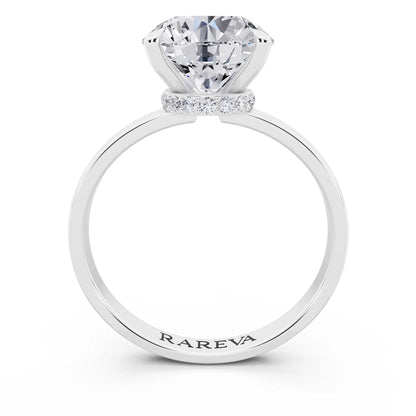 Platinum Round Cut Diamond Solitaire Ring with Pave Collar - through finger