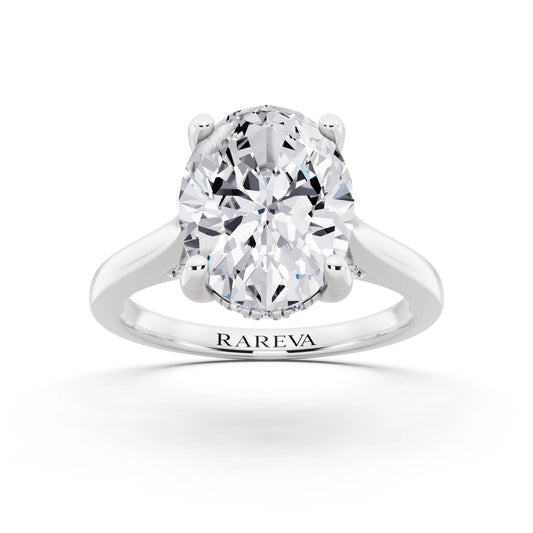 14 KT White Gold Oval Cut Diamond Solitaire Ring with Cathedral Band - front view
