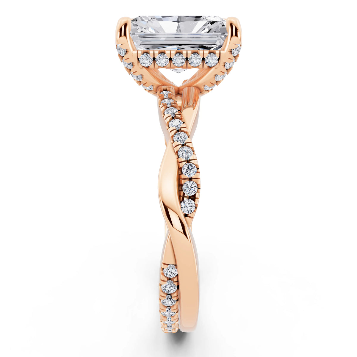 18 KT Rose Gold Radiant Cut Diamond Hidden Halo Ring with Twisted Pave Band - side view