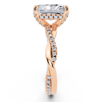 18 KT Rose Gold Radiant Cut Diamond Hidden Halo Ring with Twisted Pave Band - side view