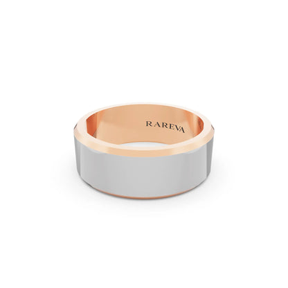 14K Rose Gold Men's Slim Bevel Flat Wedding Band - 7mm - Close up