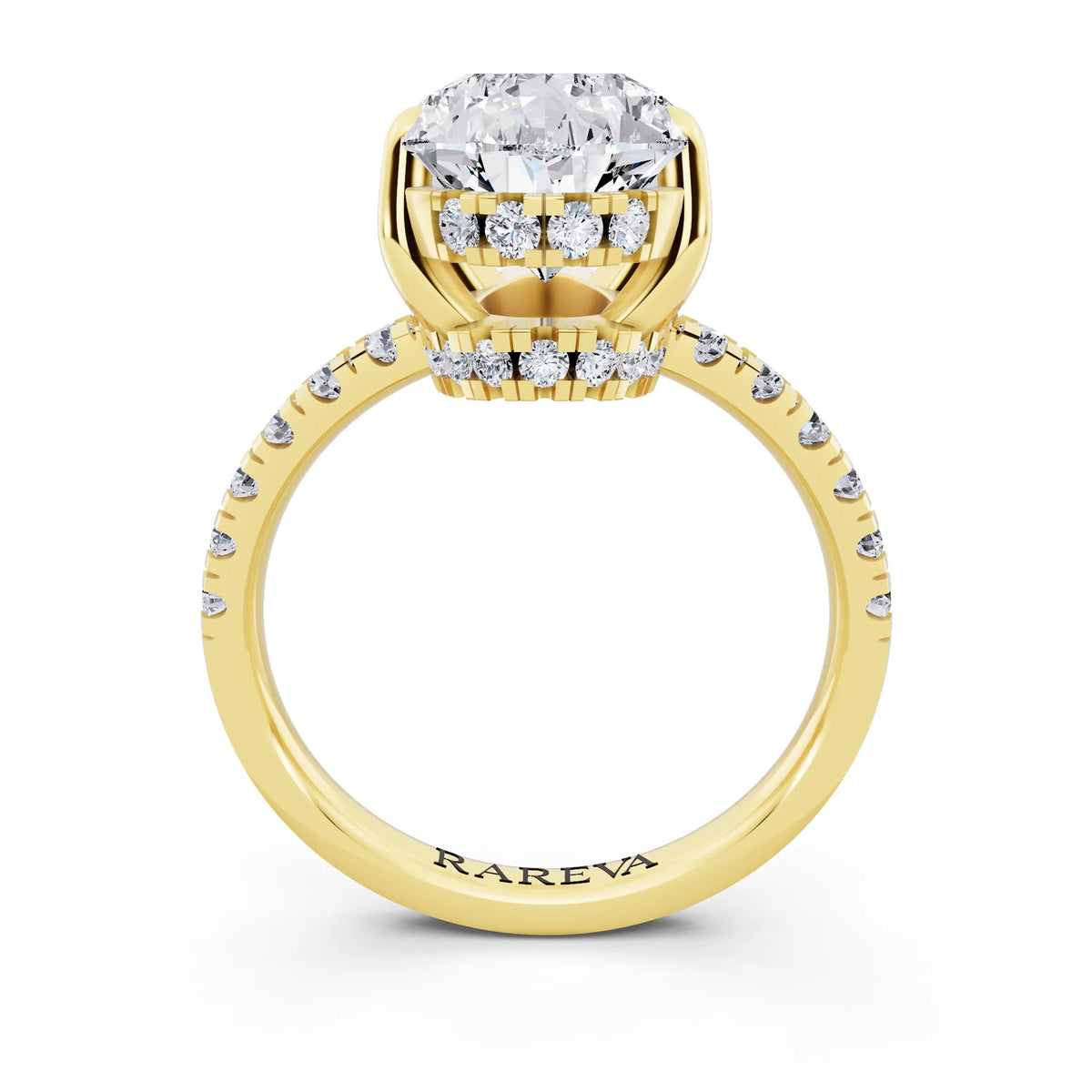 14 KT Yellow Gold Pear Cut Diamond Hidden Halo Tiger Prong Pave Band Ring - through finger