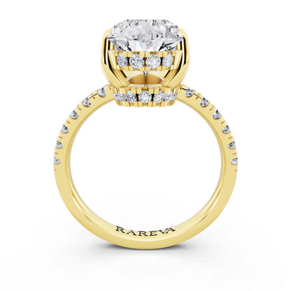 14 KT Yellow Gold Pear Cut Diamond Hidden Halo Tiger Prong Pave Band Ring - through finger