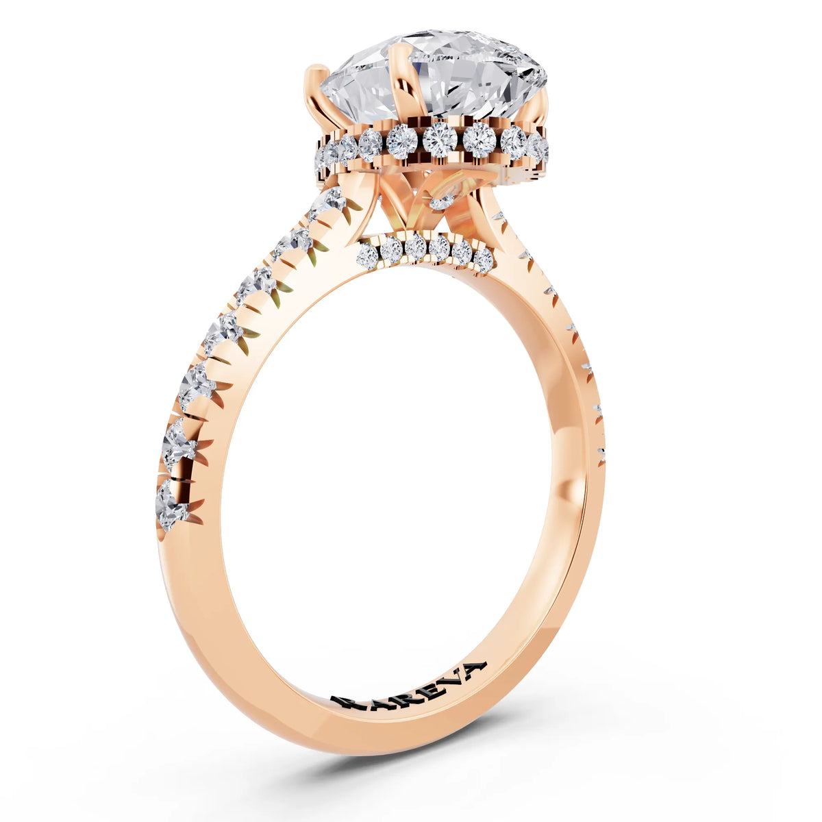 18 KT Rose Gold Pear Cut Diamond Ring with Hidden Halo - top view