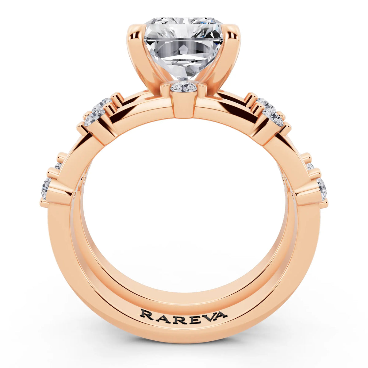 18 KT Rose Gold Radiant Cut Diamond Ring with Floating Accent Band - through finger