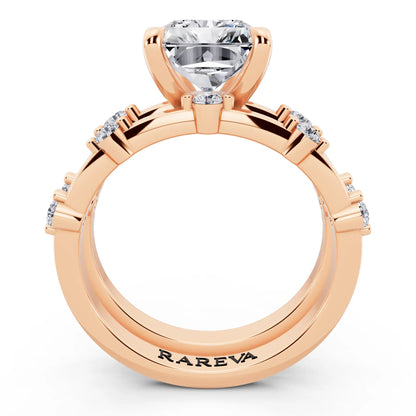 18 KT Rose Gold Radiant Cut Diamond Ring with Floating Accent Band - through finger