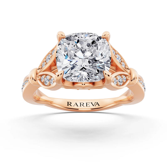 14 KT Rose Gold Cushion Cut Diamond Ring with Lotus Collar - front view