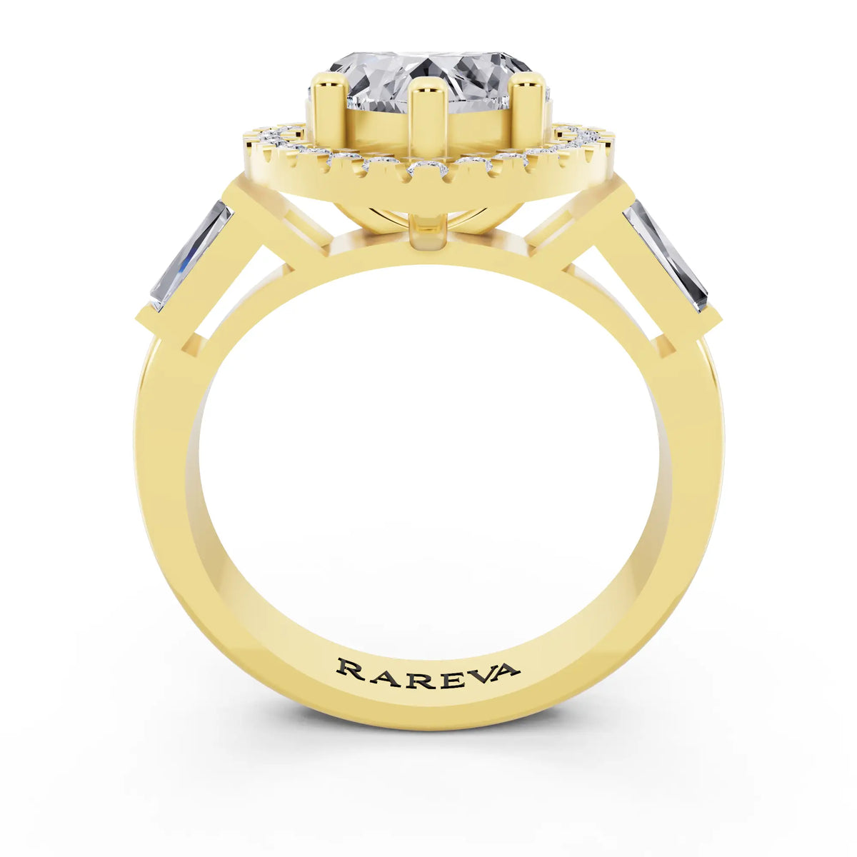 18 KT Yellow Gold Heart Cut Diamond Halo Ring with Baguette Accents - through finger