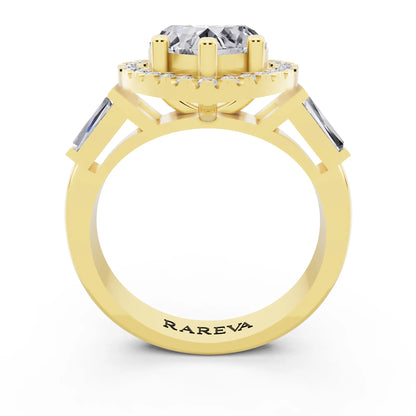 18 KT Yellow Gold Heart Cut Diamond Halo Ring with Baguette Accents - through finger