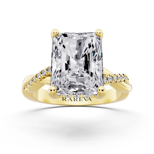 18 KT Yellow Gold Radiant Cut Diamond Hidden Halo Ring with Twisted Pave Band - front view