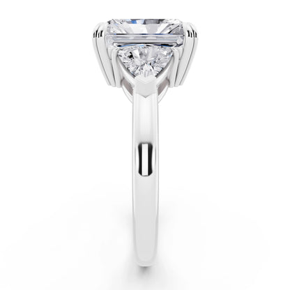 18 KT White Gold Radiant Cut Diamond Three Stone Ring with Trillion Accents - side view