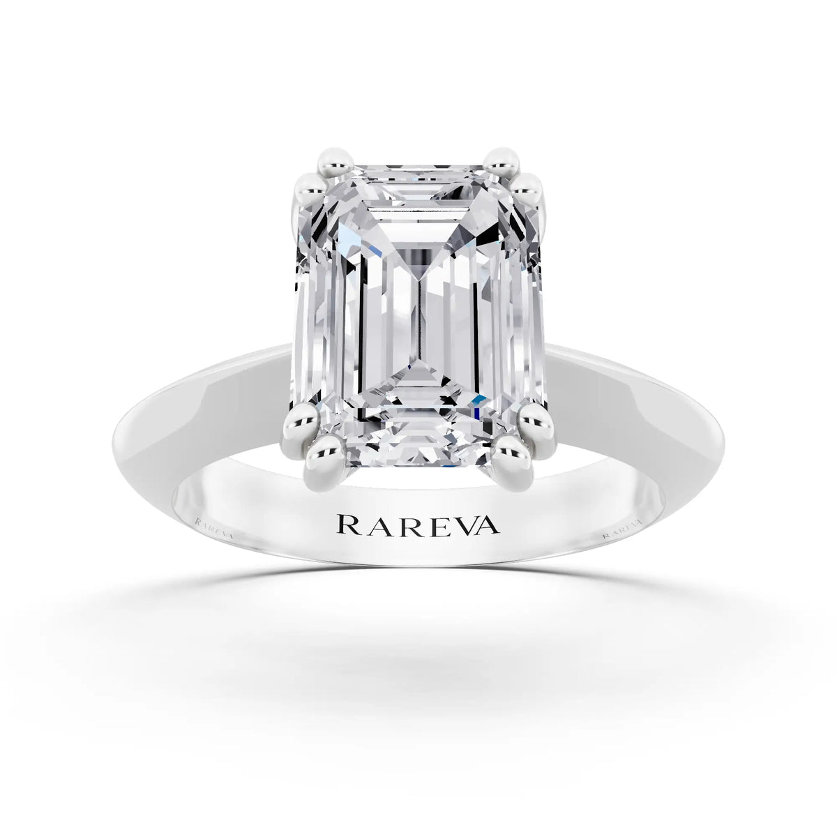 18 KT White Gold Emerald Cut Diamond Solitaire Ring with Knife Edge Band - front view