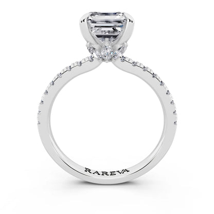 18 KT White Gold Asscher Cut Diamond Solitaire Ring with Marquise Collar - through finger