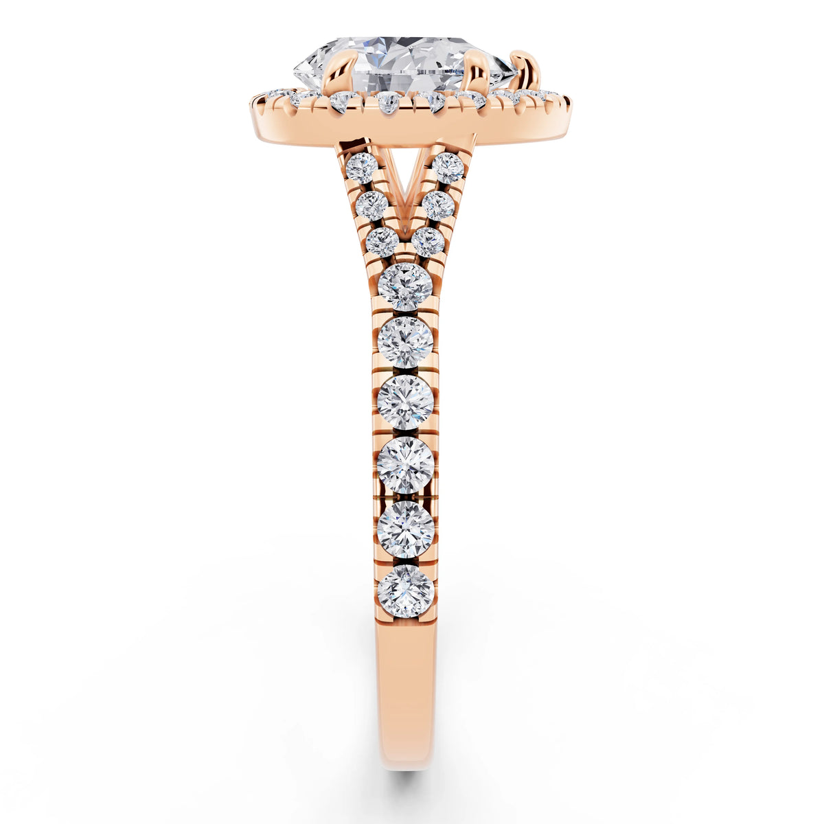 18 KT Rose Gold Pear Cut Diamond Halo Ring with Split Shank - side view