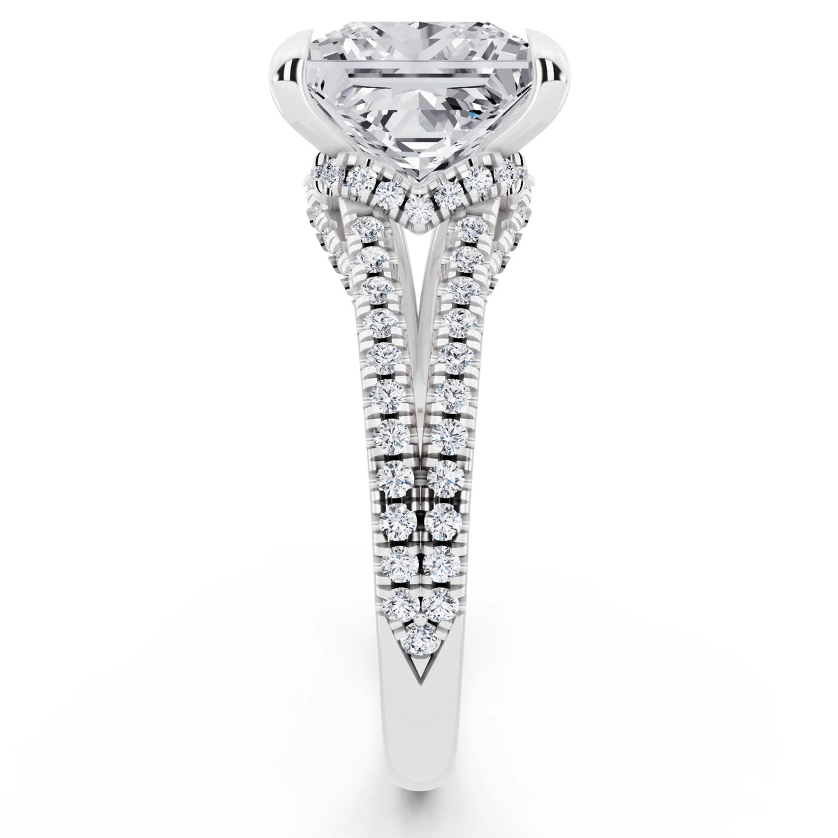 14 KT White Gold Princess Cut Diamond Ring with Pavé Split Shank - side view